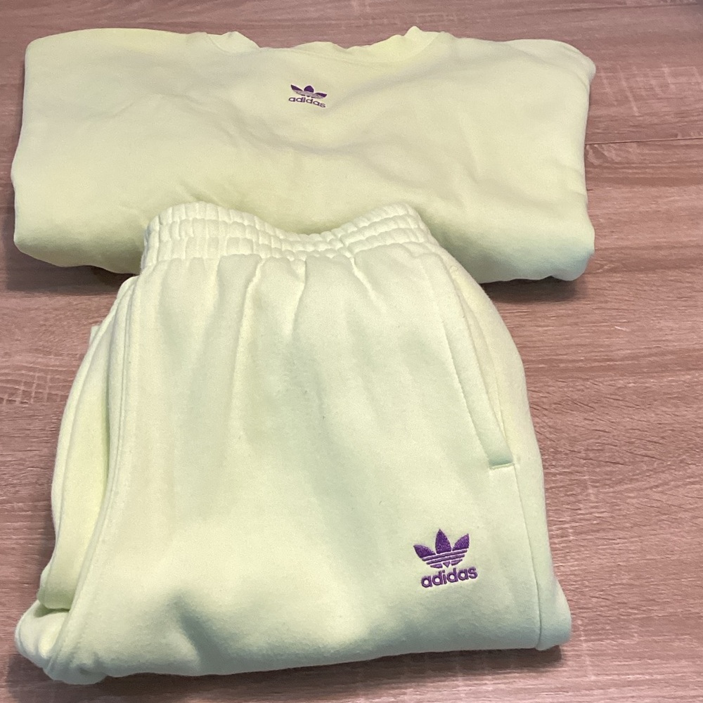 Adidas Light Yellow Joggers with Purple Logo